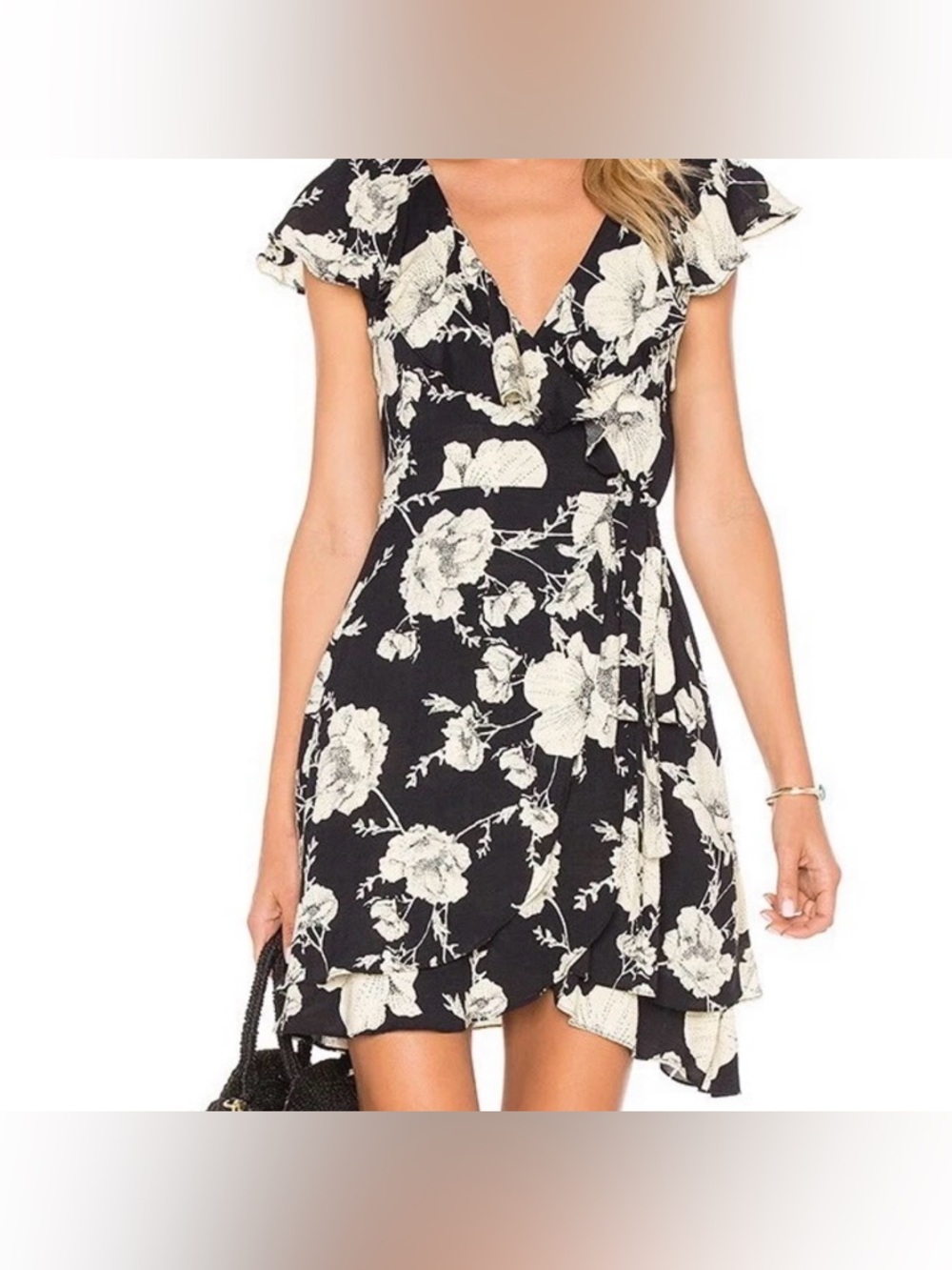 Free People Black and Cream Floral Wrap Mini Dress size S